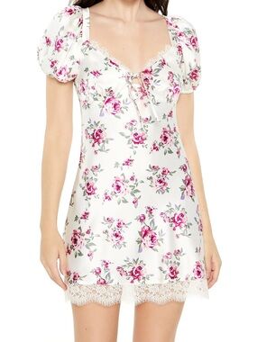 Forever 21 White Floral Slip Dress with Pink Roses